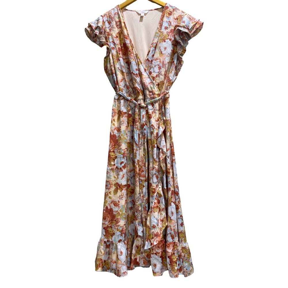 LC Lauren Conrad Blue & Peach Floral Midi Dress Size L, Ruffle Sleeve